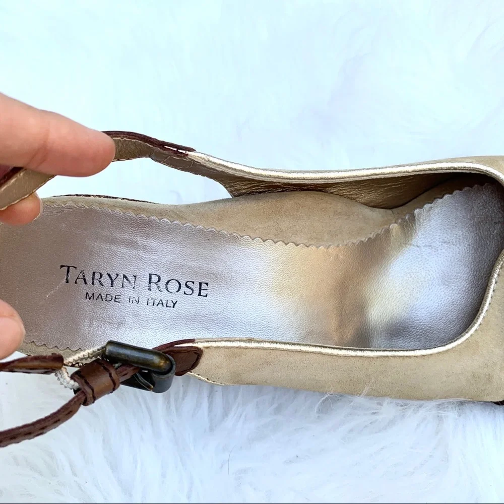 Taryn Rose Wedge Beige Gold Buckle Sandals